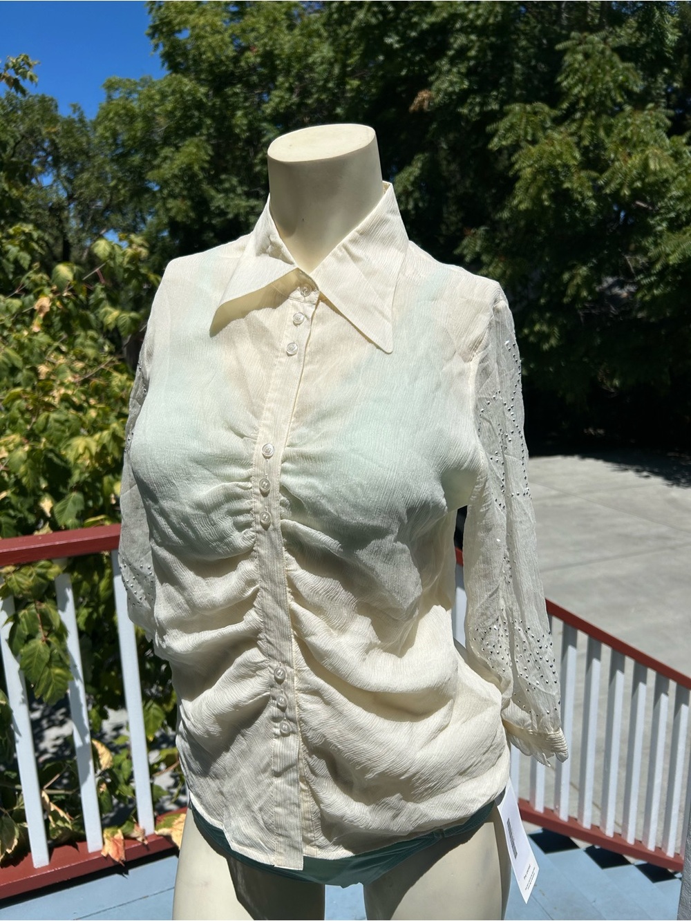 Vintage Ivory Button-Up 100% Silk Blouse with Embellished Sleeves